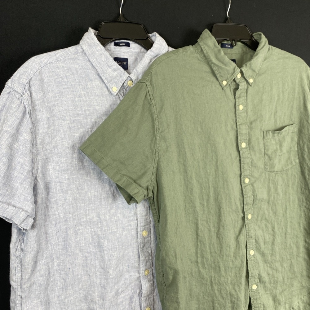 J‎ Crew Mens Linen Blend Button Down SS Shirt Slim Fit XL LOT OF 2 Blue & Green